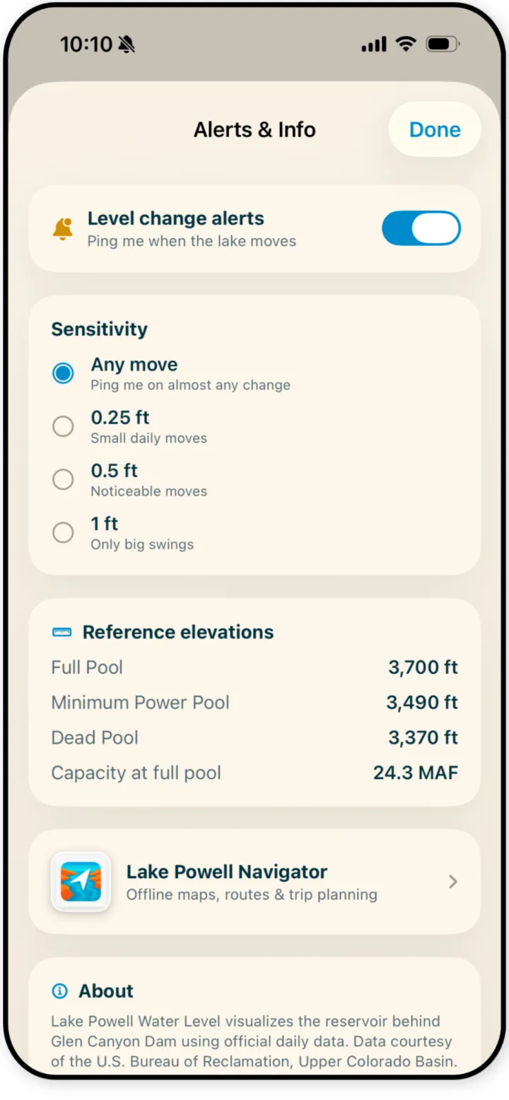 App settings screen for Lake Powell level-change push alerts with sensitivity options of any move, 0.25 ft, 0.5 ft, or 1 ft