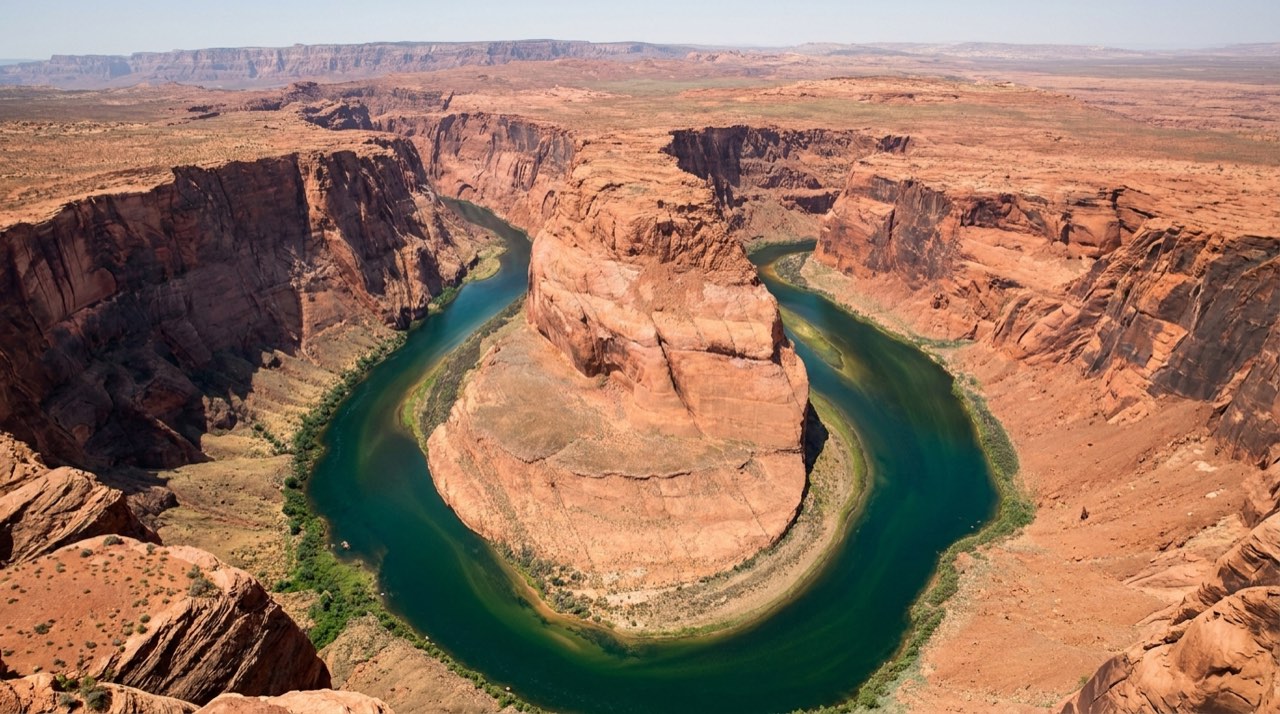 Aerial overview of the Colorado River making its tight horseshoe meander through deep red-orange sandstone canyon walls in the desert Southwest, the emerald river wrapping a central rock butte