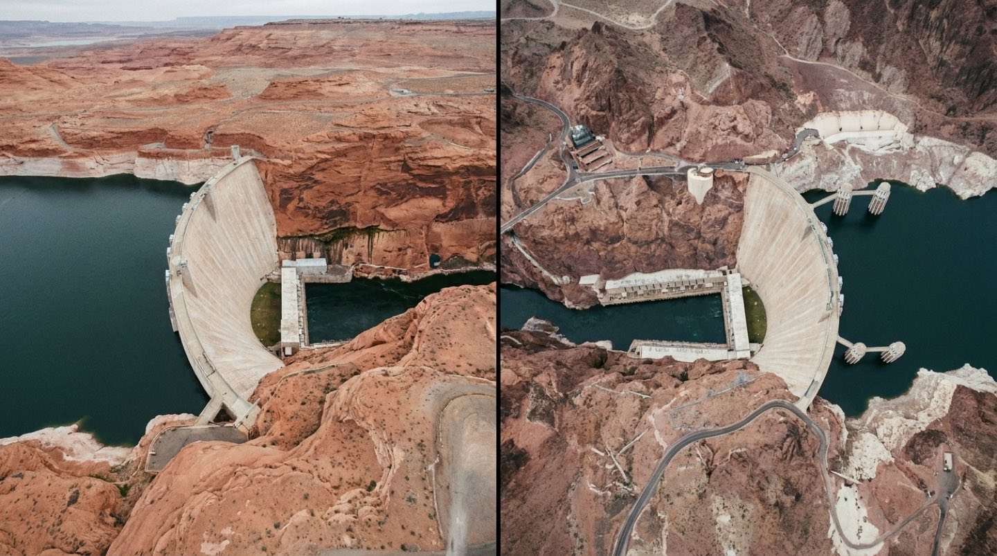 Split aerial view of two concrete arch-gravity dams in red-rock canyon country, each holding back a dark reservoir ringed by pale shoreline, representing Glen Canyon Dam and Hoover Dam on the Colorado River