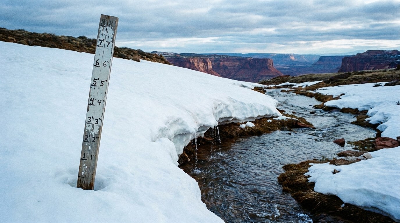 A weathered wooden snow-depth measuring stake marked in feet and inches standing in deep snowpack, meltwater dripping from the snowbank's edge into a stream that runs toward red sandstone canyon country under an overcast sky