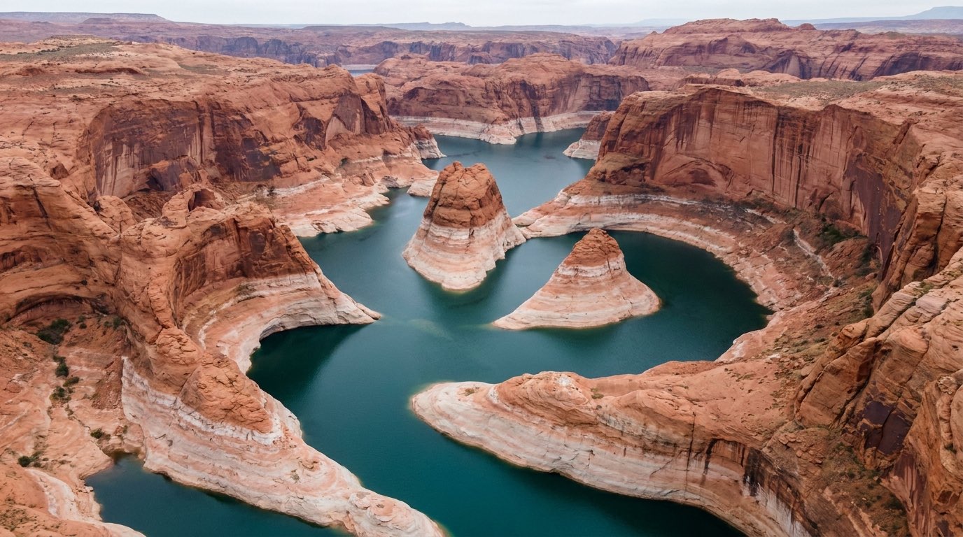 Aerial view down Lake Powell's branching red sandstone canyons filled with deep blue-green water, a broad pale bathtub ring on the cliffs marking the higher former waterline