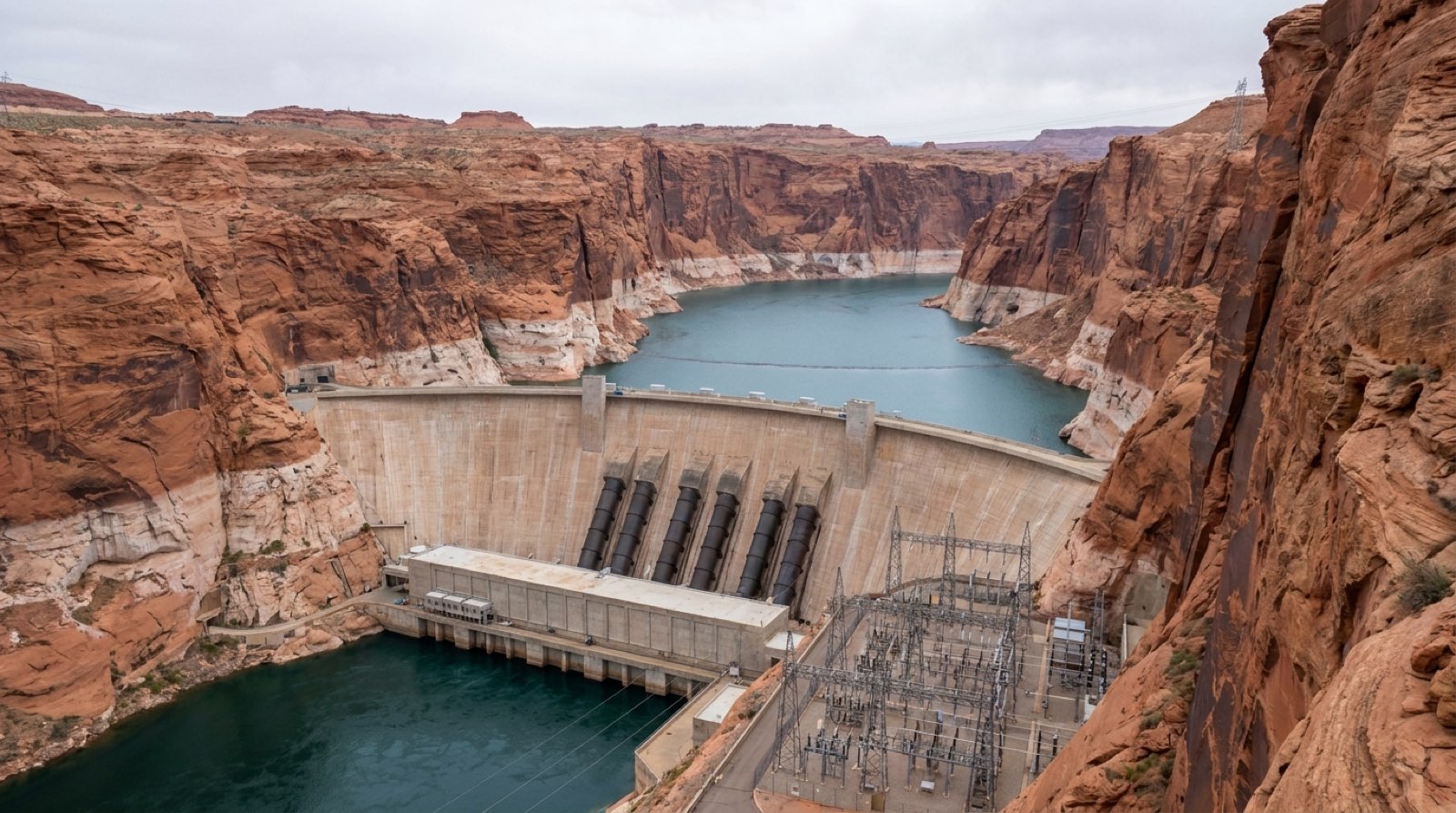 The Glen Canyon Dam powerplant at the base of the concrete arch dam, penstocks feeding the turbine hall, with the red canyon walls marked by a pale mineral bathtub ring above the low reservoir
