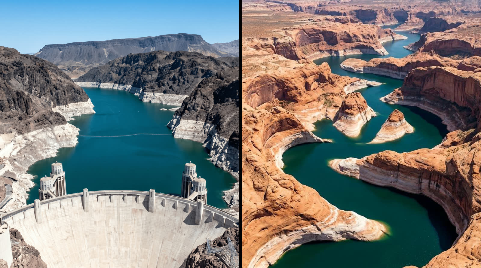 Split aerial view of Lake Mead's grey desert basin behind Hoover Dam on the left and Lake Powell's red sandstone canyons on the right, both ringed by pale bathtub rings marking former water lines