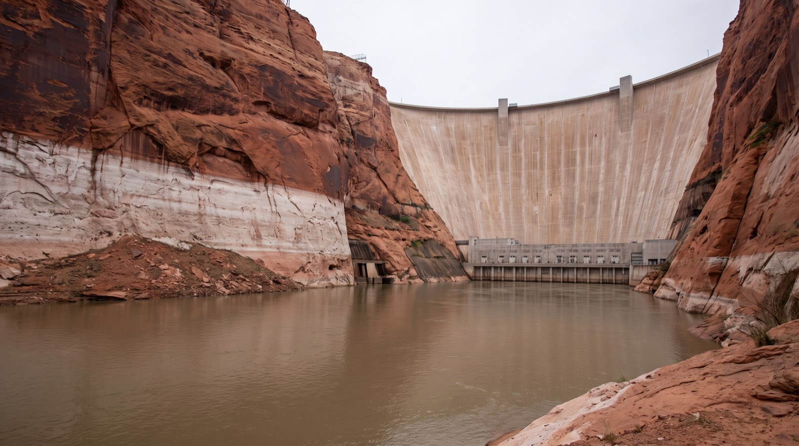 Glen Canyon Dam's concrete arch and powerplant at the base of a red sandstone canyon, the walls marked by a wide pale mineral bathtub ring above the low brown reservoir