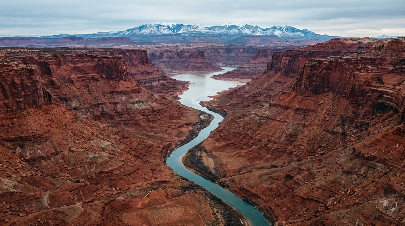Aerial view of the Colorado River winding through red sandstone canyons into the upper end of Lake Powell, with snow-capped mountains on the far horizon